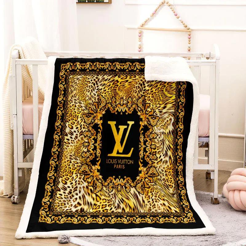 Louis vuitton golden logo luxury brand premium blanket fleece home decor 48 Blanket Fleece