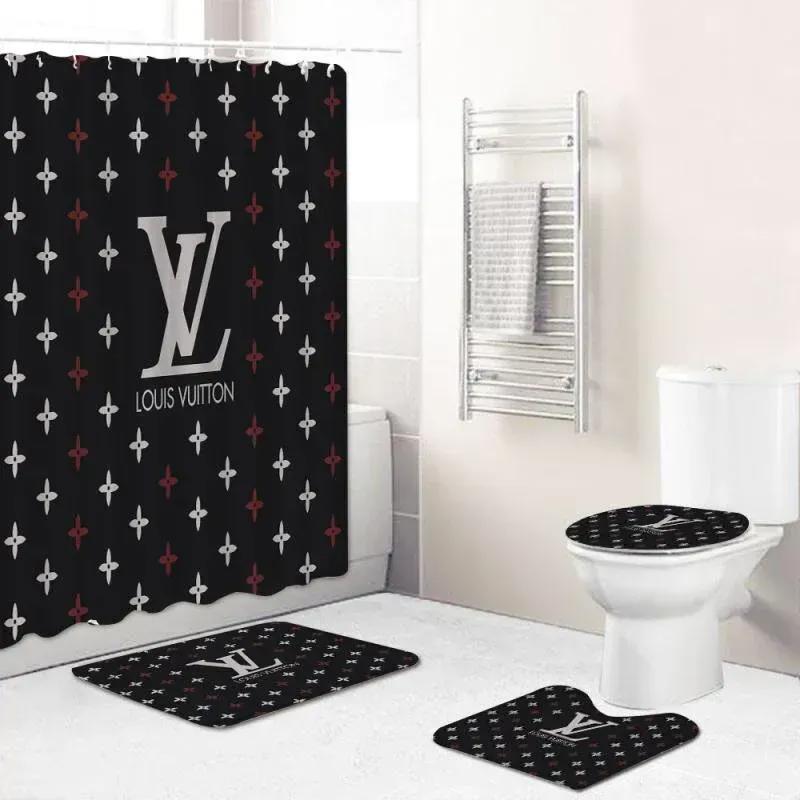Louis vuitton logo type 1457 Bathroom Accessory Sets Bath Mat Set Waterproof Shower Curtain Toilet Cover Home Decor Pedestal Rug Luxury Fashion Brand Bathroom Sets Hypebeast Bathroom