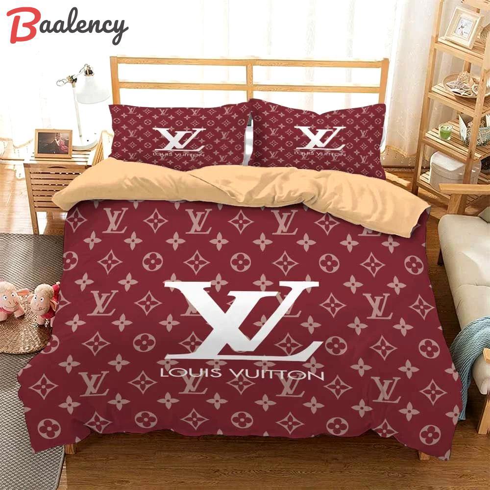 Louis vuitton red fashion logo luxury brand premium bedding sets, bedroom decor , thanksgiving decorations for home bedding sets