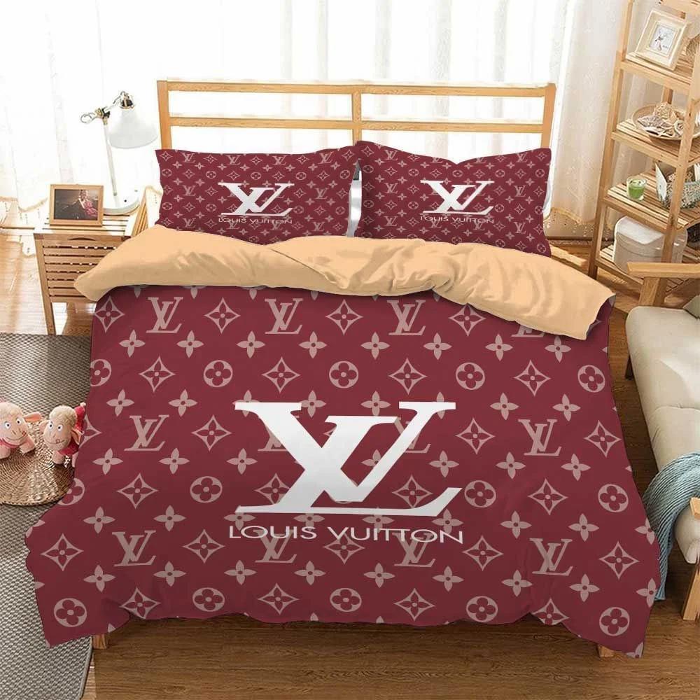 Louis vuitton red fashion logo luxury brand premium bedding sets, bedroom decor , thanksgiving decorations for home Bedding Sets