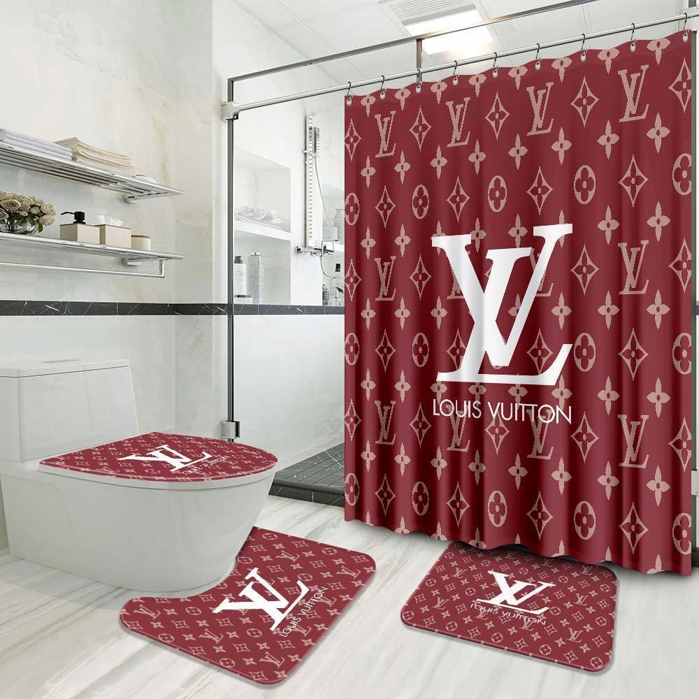 Louis vuitton red preium bathroom set home decor luxury fashion brand bath mat hypebeast Bathroom Set