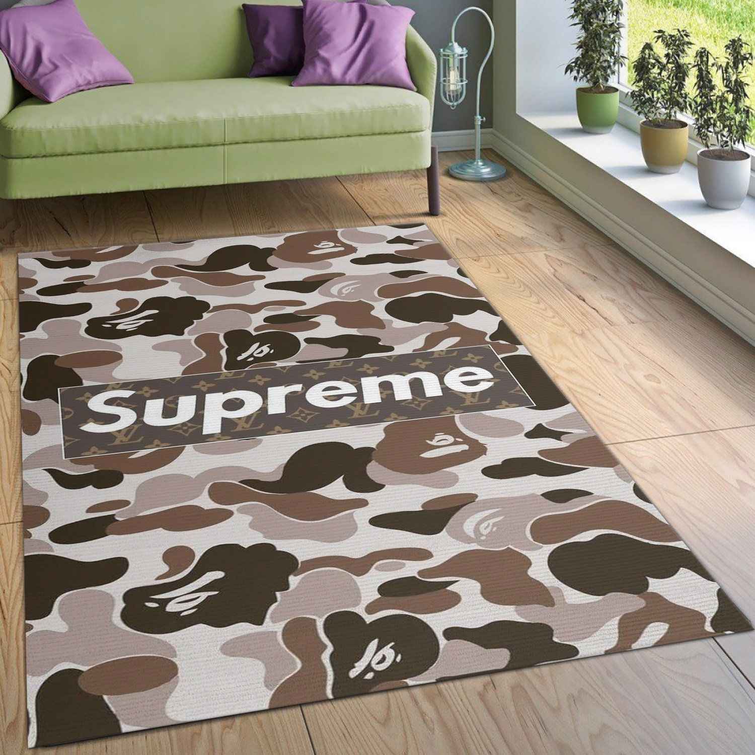 Louis vuitton supreme bape logo type 602. Upgrade Your Living Room with Luxury Home Decor: Area Carpets, Floor Decor, Door Mats, and Hot Gift Items with style a High-End Fashion Brand Rectangle Rug
