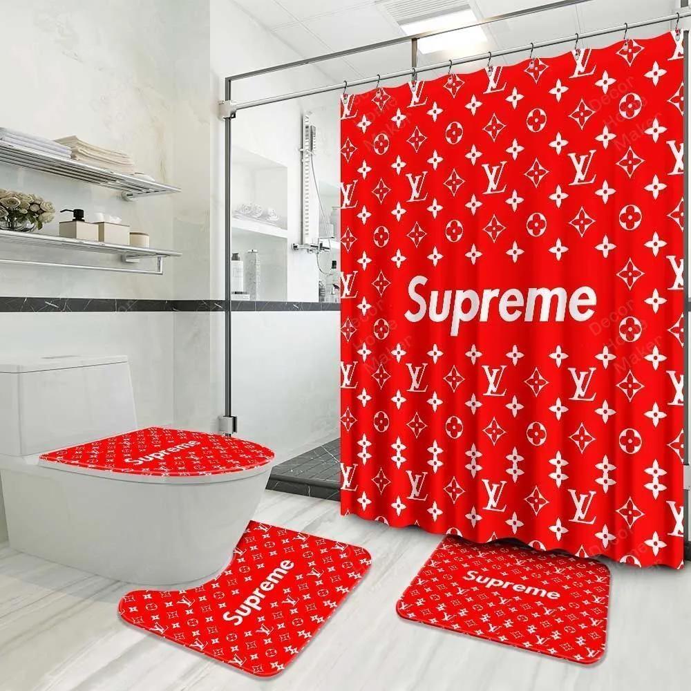 Lv louis vuitton logo type 785 Bathroom Accessory Sets Bath Mat Set Bathroom Sets Home Decor Luxury Fashion Brand Hypebeast Bathroom Toilet Cover Waterproof Shower Curtain Pedestal Rug