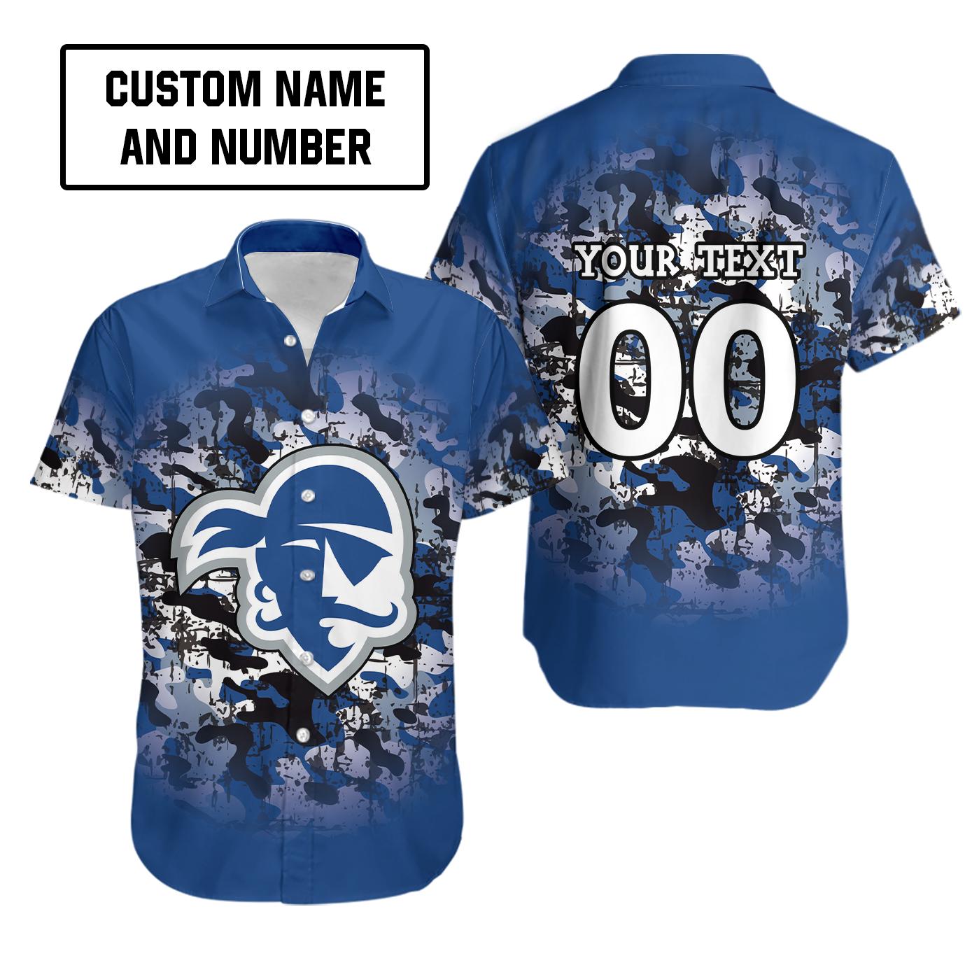 Ncaa seton hall pirates custom text number camouflage vintage hawaiian shirt Hawaii Shirt Shorts & Flip Flops
