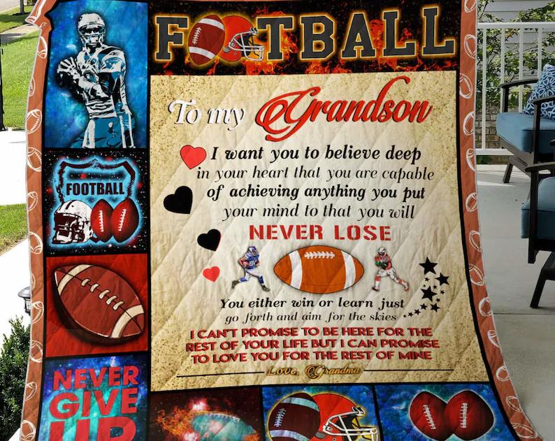 Personalized american football to my grandson from grandma never give up fleece blanket, mink sherpa blanket, american football blanket Quilt Blanket