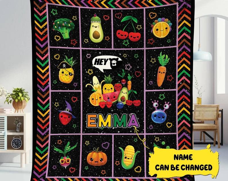 Personalized hey bear sensory fleece blanket, hey bear throw blanket for couch sofa, cartoon fleece blanket Quilt Blanket