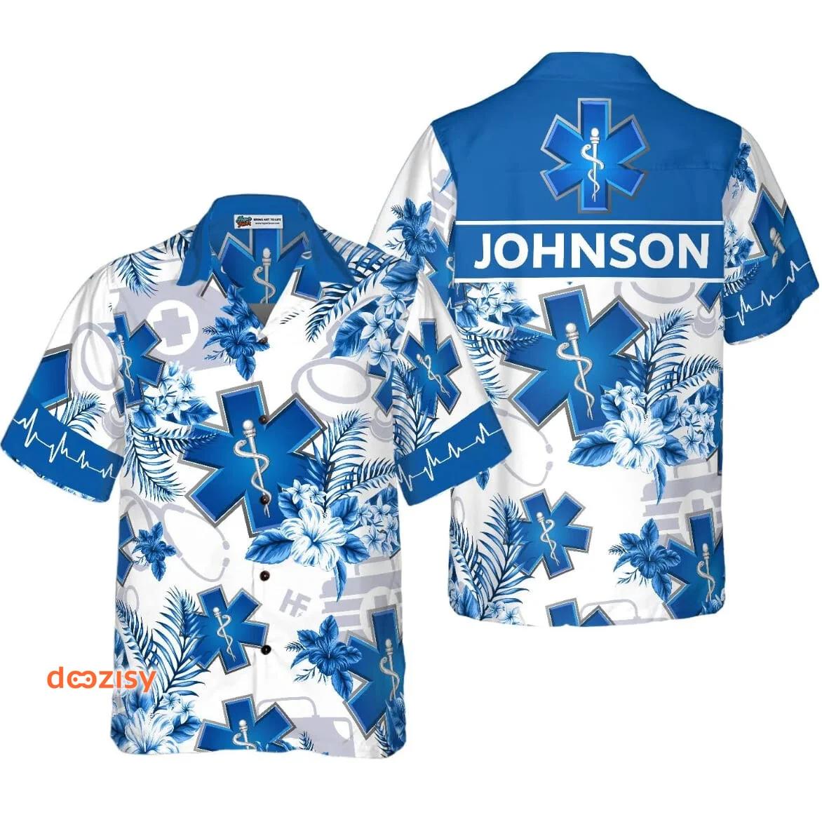 Personalized paramedic flower leaf blue 3d hawaiian shirt Hawaii Shirt Shorts & Flip Flops