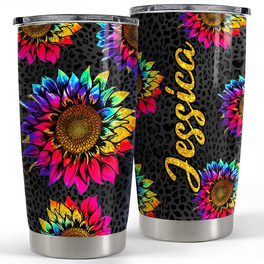 Personalized sunflower tumbler rainbow leopard for women girl mother Personalized Tumbler