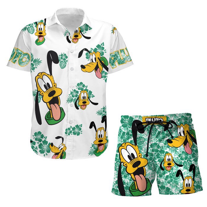 Pluto dog hibiscus summer tropical print disney hawaiian button down shirt shorts set unisex outfits Hawaii Shirt Shorts & Flip Flops