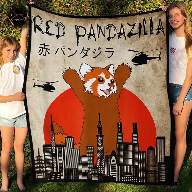 Red pandazilla fleece blanket, mink sherpa blanket, pandazilla blanket, funny godzilla lover gift, red panda blanket Quilt Blanket