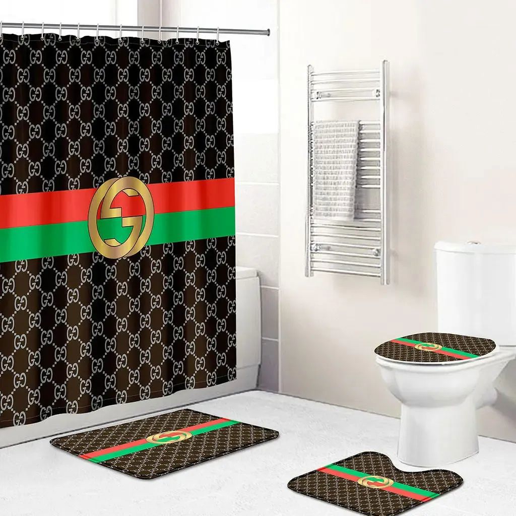 Rugs in living room and bedroom - Gucci stripe bathroom set hot 2023 luxury shower curtain bath rug mat home decor 214 Bathroom Accessory Sets