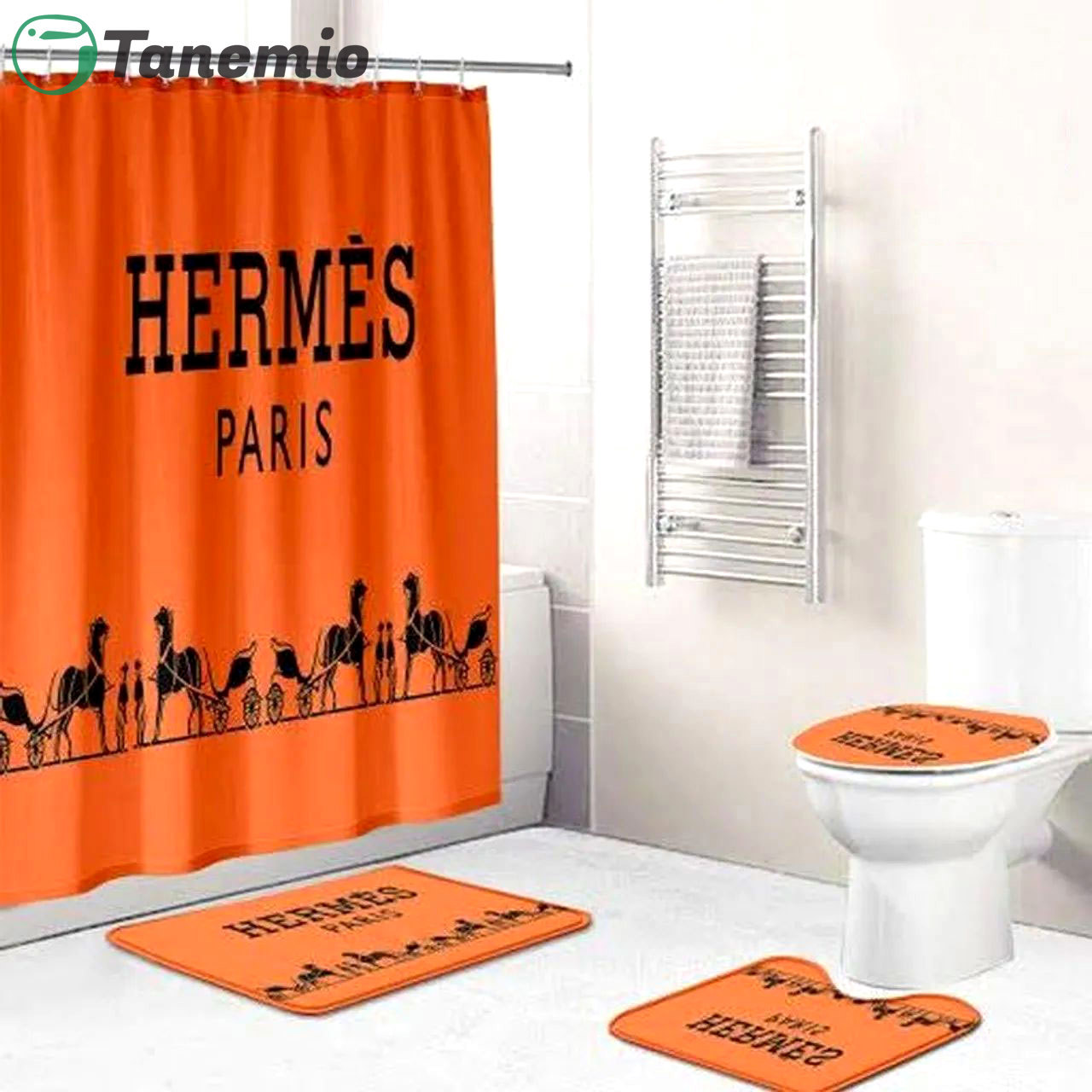 Rugs in living room and bedroom - Hermes paris orange bathroom set hot 2023 luxury shower curtain bath rug mat home decor 303 Bathroom Accessory Sets