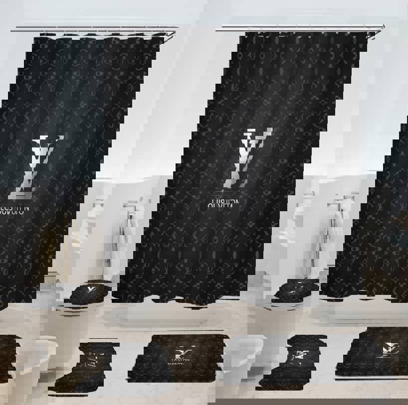 Rugs in living room and bedroom - Louis vuitton lv dark bathroom set hot 2023 luxury shower curtain bath rug mat home decor 122 Bathroom Accessory Sets