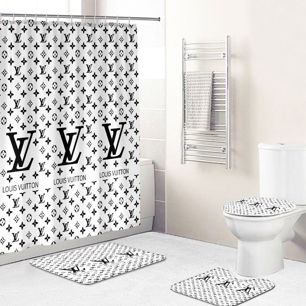 Rugs in living room and bedroom - Louis vuitton lv white bathroom set hot 2023 luxury shower curtain bath rug mat home decor 143 Bathroom Accessory Sets