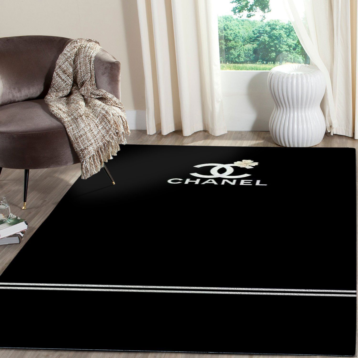 Rugs in living room and bedroom chanel black line fashion luxury brand premium rug carpet home decor Rectangle Rug