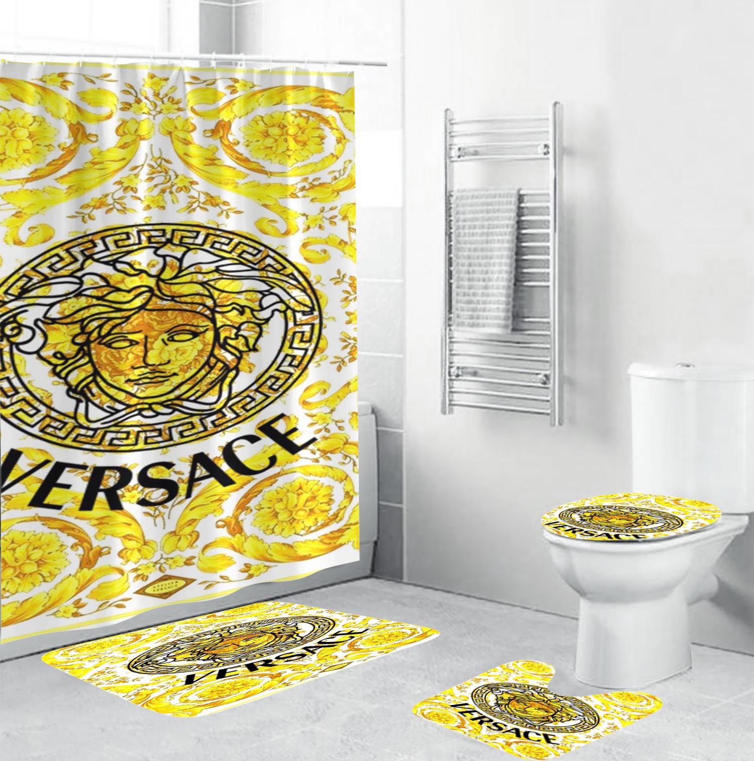 Versace big medusa in baroque background luxury fashion brand hypebeast bath mat bathroom sets home decor Bathroom Set