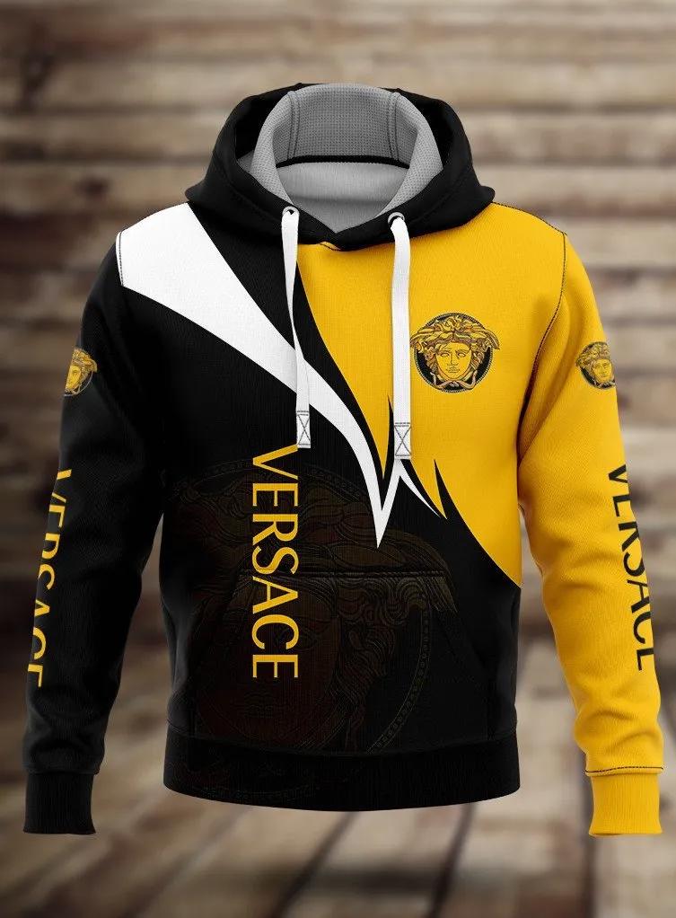 Versace black white yellow luxury unisex premium hoodie luxury brand outfit for men women Hoodie 3D