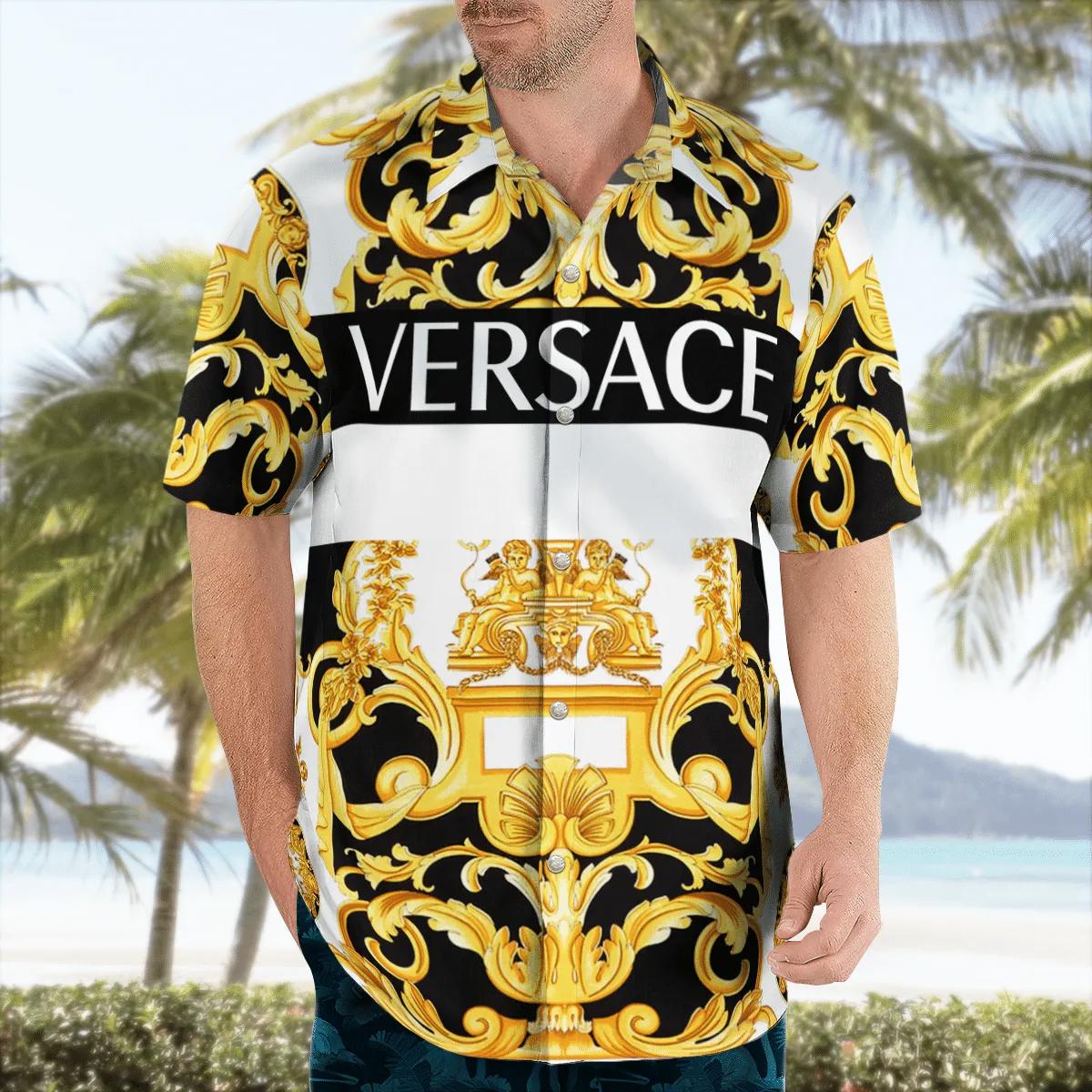 Versace gold multi baroque print luxury beach shirts hawaiian shirt Hawaii Shirt Shorts & Flip Flops