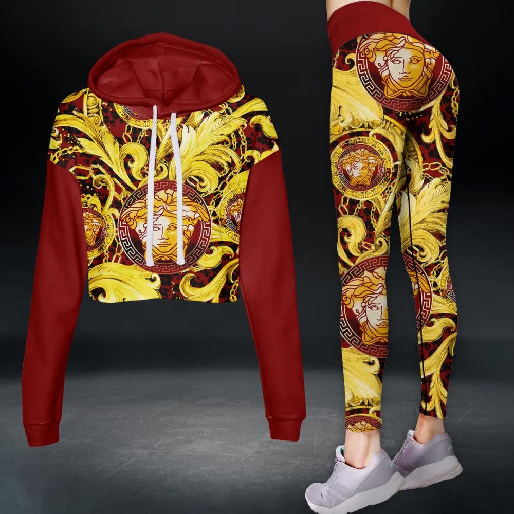 Versace golden medusa red luxury brand clothes leggings and crop top set for women Croptop Hoodie Legging Set