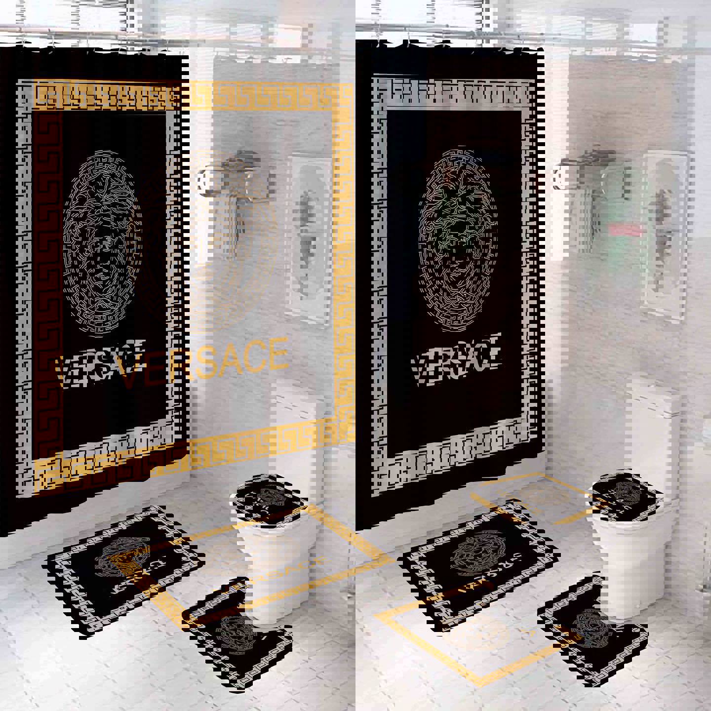 Versace logo type 1298 Bathroom Accessory Sets Bath Mat Set Home Decor Bathroom Sets Waterproof Shower Curtain Pedestal Rug Hypebeast Bathroom Luxury Fashion Brand Toilet Cover