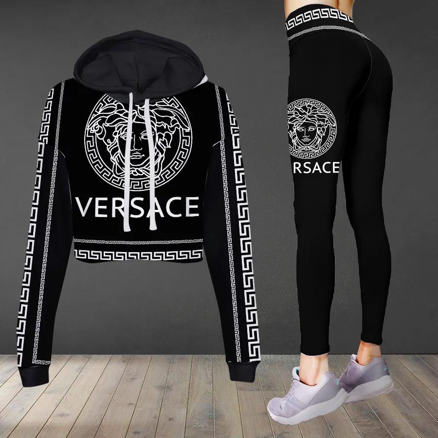 Versace medusa white logo luxury brand clothes leggings and crop top set for women Croptop Hoodie Legging Set