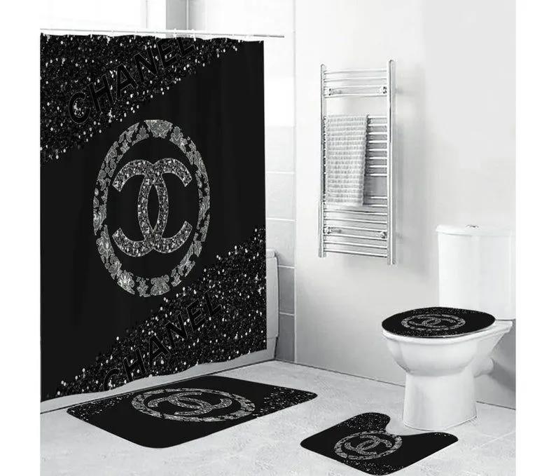 Chanel logo type 764 Bathroom Accessory Sets Pedestal Rug Luxury Fashion Brand Bathroom Sets Bath Mat Set Home Decor Toilet Cover Waterproof Shower Curtain Hypebeast Bathroom