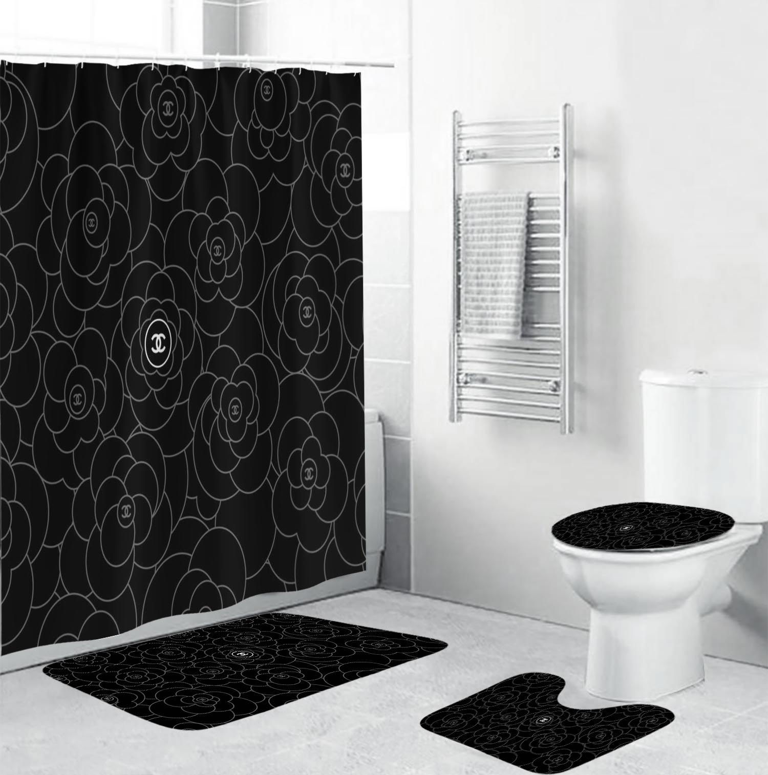 Chanel white signature flower in black background home decor bath mat luxury fashion brand bathroom sets hypebeast Bathroom Set
