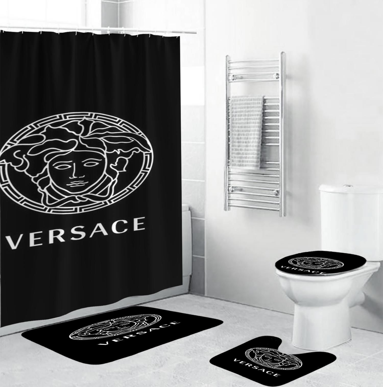 Gianni versace black logo type 1935 Bathroom Accessory Sets Bathroom Sets Luxury Fashion Brand Home Decor Bath Mat Set Hypebeast Bathroom Toilet Cover Waterproof Shower Curtain Pedestal Rug