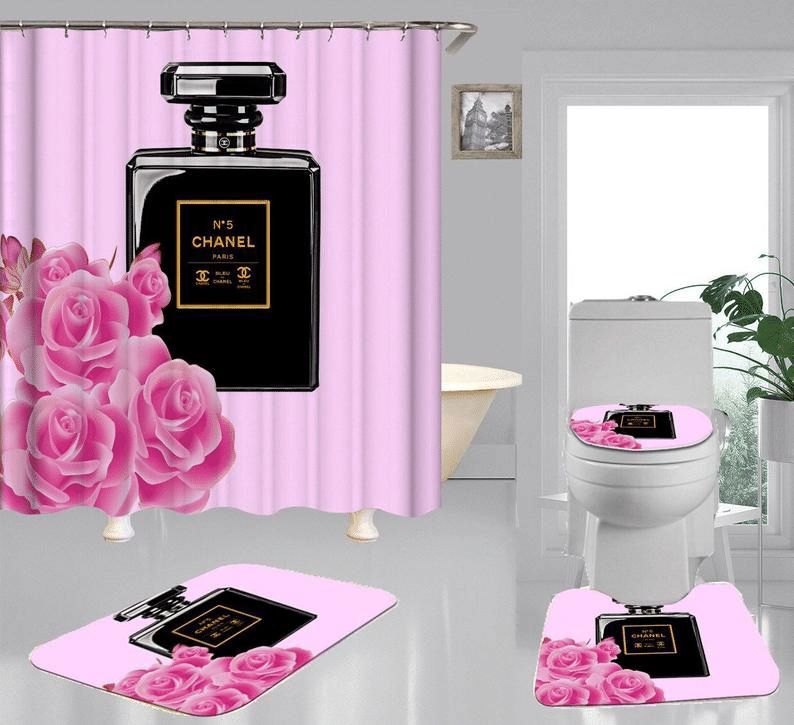 Rugs in living room and bedroom - Chanel perfume bathroom set hot 2023 luxury shower curtain bath rug mat home decor 243 Bathroom Accessory Sets