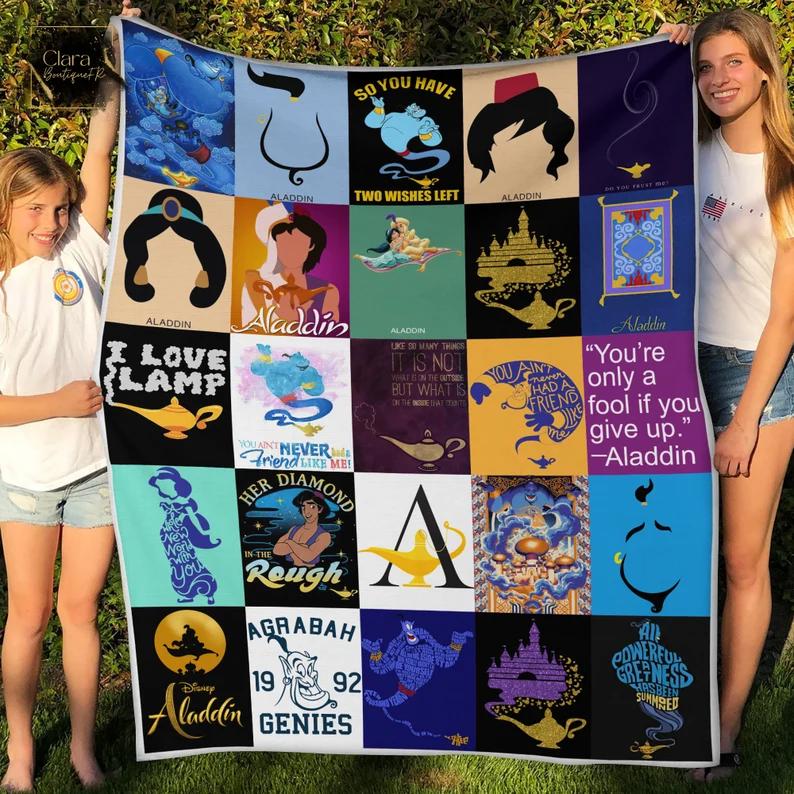 Aladdin characters aladdin jasmine genie fleece blanket, mink sherpa blanket, aladdin blanket, genie quilt Quilt Blanket