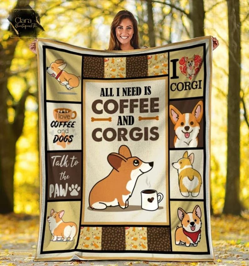 All i need is coffee and corgis fleece blanket, mink sherpa blanket, dog lover gift, corgi dog blanket, coffee and corgi quilt Quilt Blanket