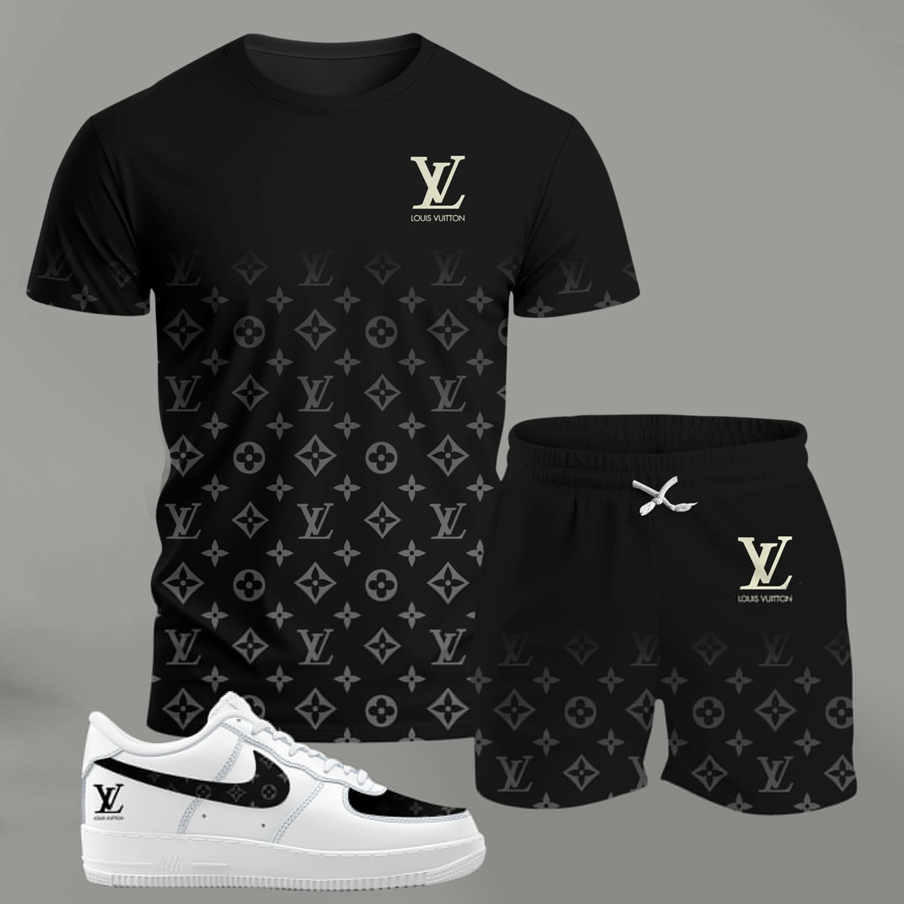 Black gradient monogram set for men, minimal luxury t-shirt and shorts combo with clean contrast sneakers T-Shirt Short Sneakers Set