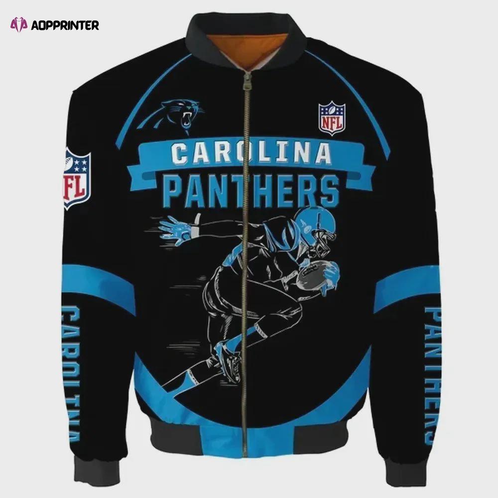 Carolina panthers player running pattern bomber jacket – black and blue Bomber Jacket
