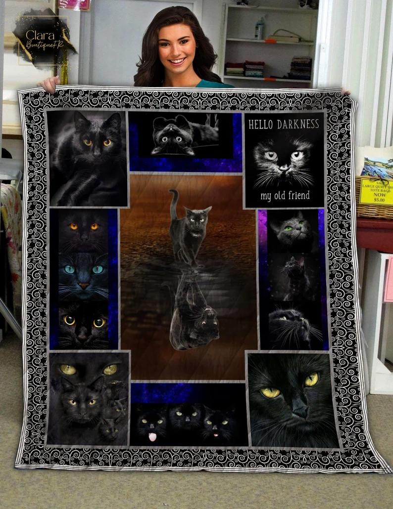 Cat lover hello darkness my old friend black cat cool fleece blanket, mink sherpa blanket, black cat blanket, darkness cat blanket Quilt Blanket