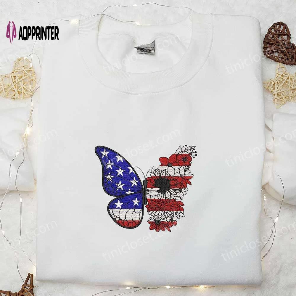 Celebrate independence day with butterfly x america flag embroidered shirt – perfect national day gift Embroidered Shirt