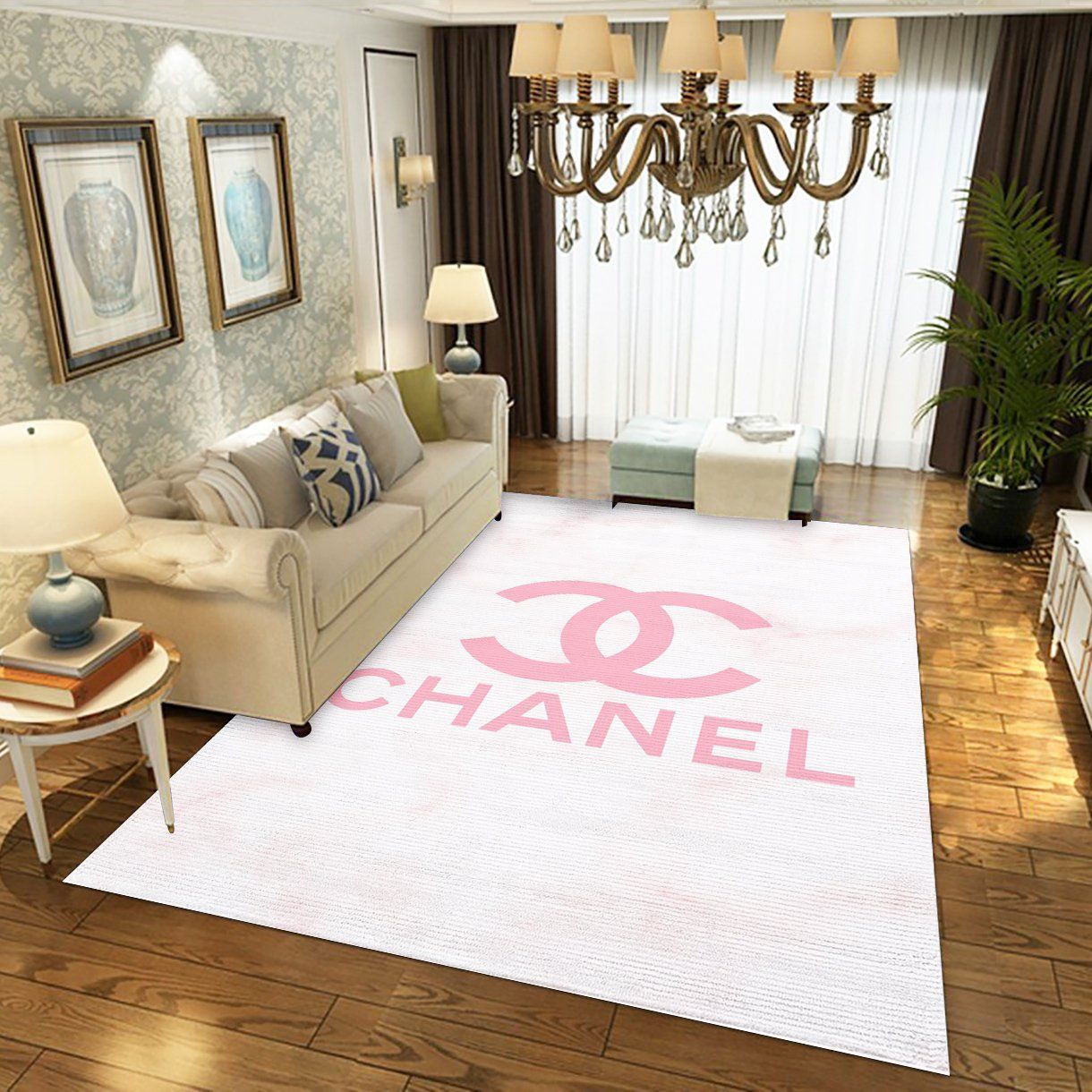 Chanel pinky logo type 562. Upgrade Your Living Room with Luxury Home Decor: Area Carpets, Floor Decor, Door Mats, and Hot Gift Items with style a High-End Fashion Brand Rectangle Rug