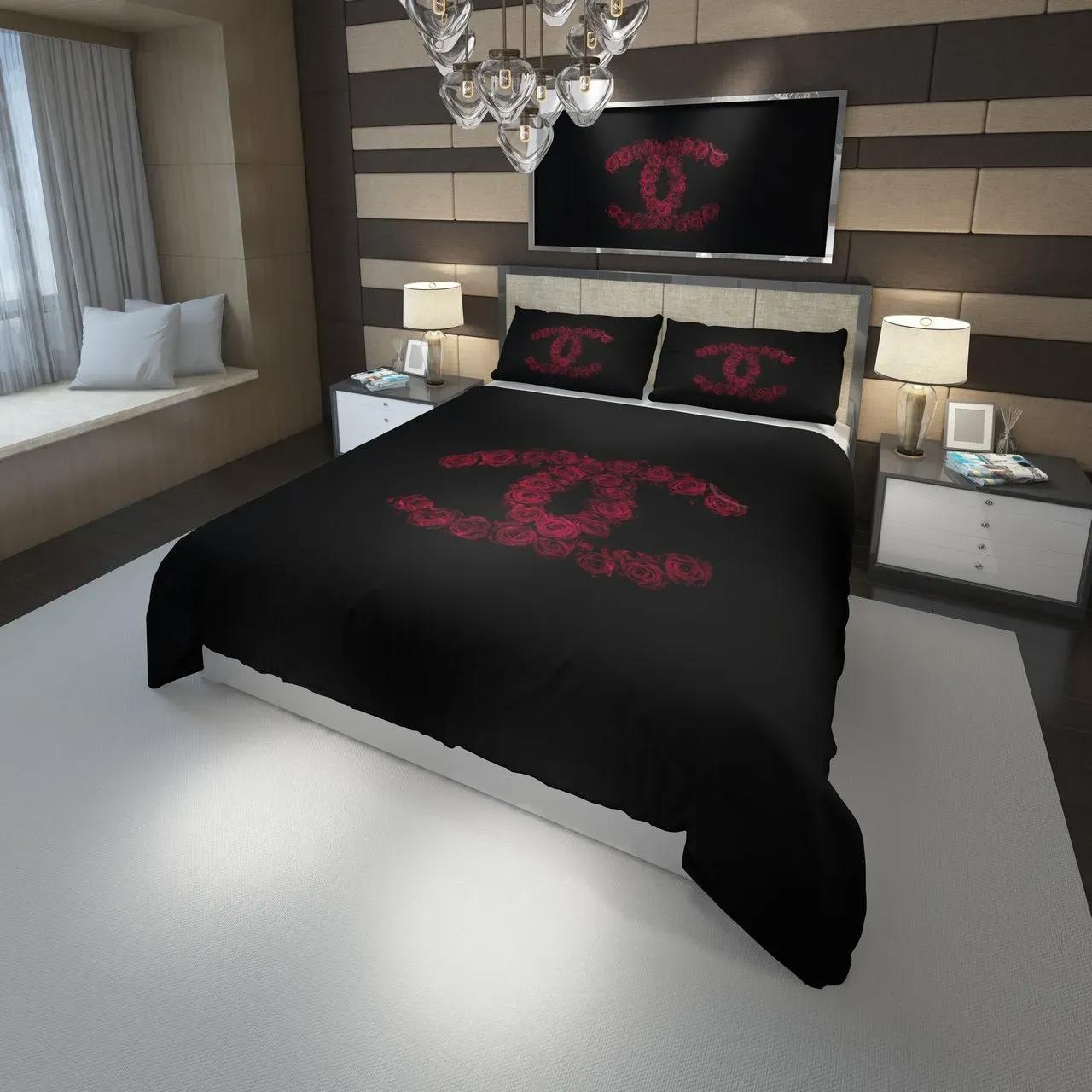 Chanel red roses logo type 62 Bedding Sets sheets hyperbeast Bedroom bedspread blankets luxury ideas premium fashion brand covers bed linen bedclothes home decor duvet