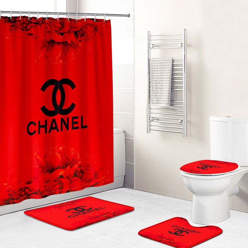 Chanel shower curtain red black logo stripe luxury bath mat sets shower curtain 72 Bathroom Set