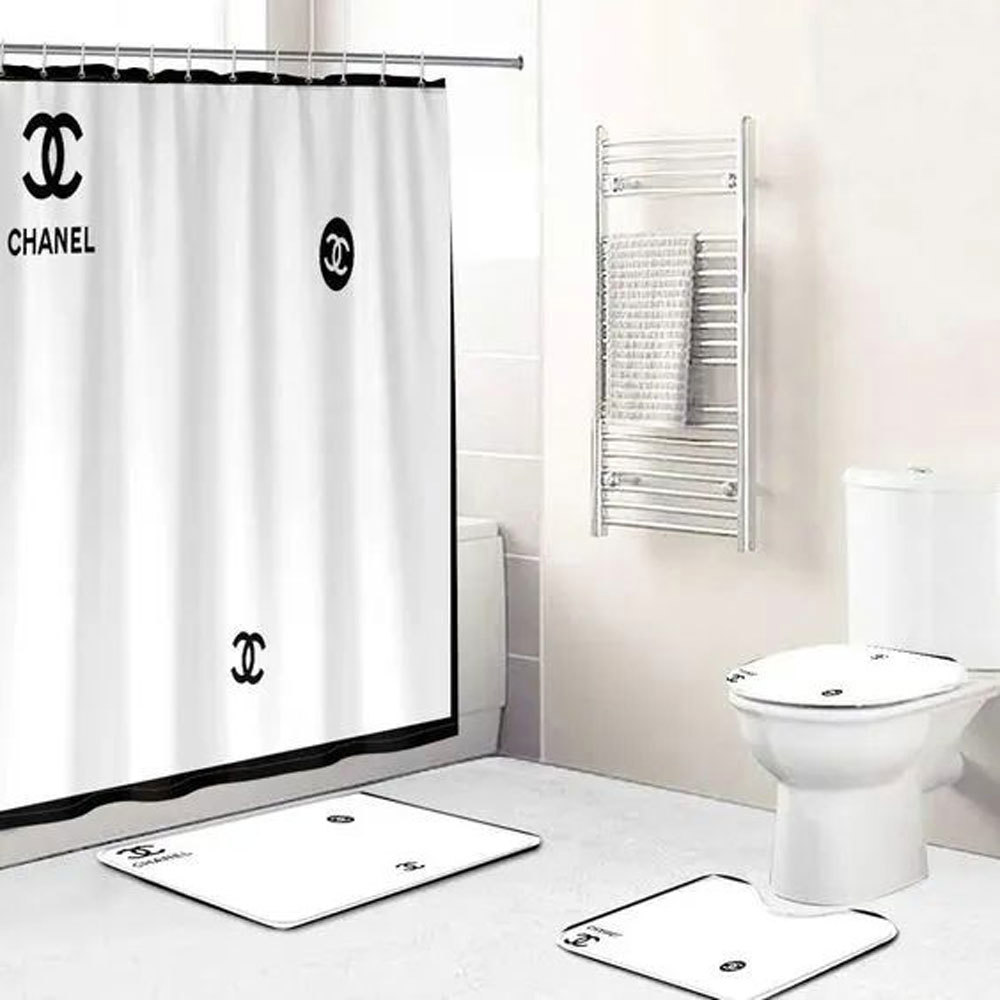 Chanel white logo type 1758 Bathroom Accessory Sets Home Decor Hypebeast Bathroom Bathroom Sets Toilet Cover Pedestal Rug Luxury Fashion Brand Waterproof Shower Curtain Bath Mat Set