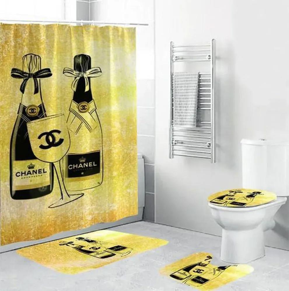 Chanel yellow logo type 1192 Bathroom Accessory Sets Home Decor Toilet Cover Waterproof Shower Curtain Bath Mat Set Hypebeast Bathroom Bathroom Sets Pedestal Rug Luxury Fashion Brand