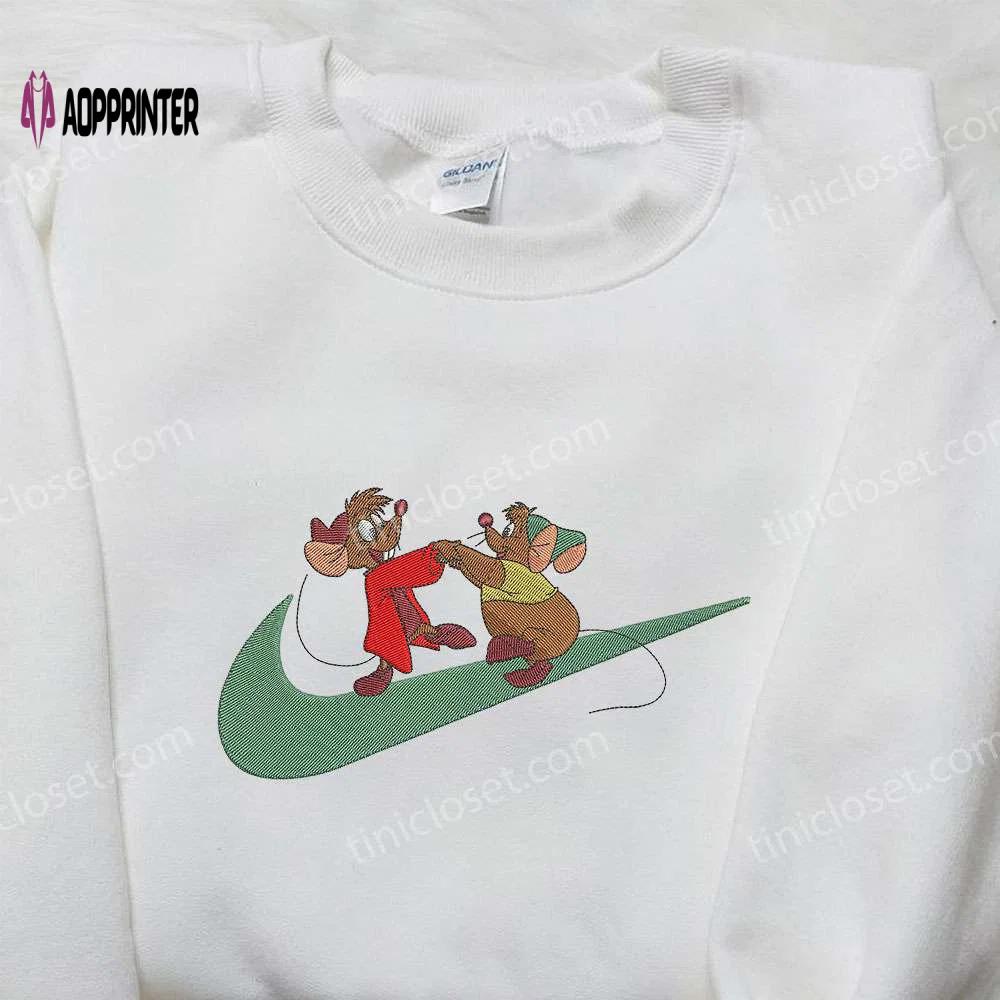 Cinderella jaq and gus x nike swoosh embroidered shirt – disney custom nike tee Embroidered Shirt