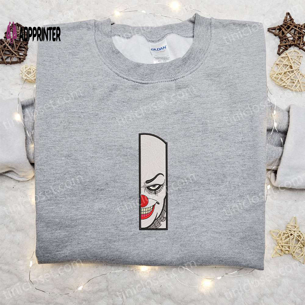 Creepy clown face horror killer shirt – best scary movie embroidered halloween tee Embroidered Shirt