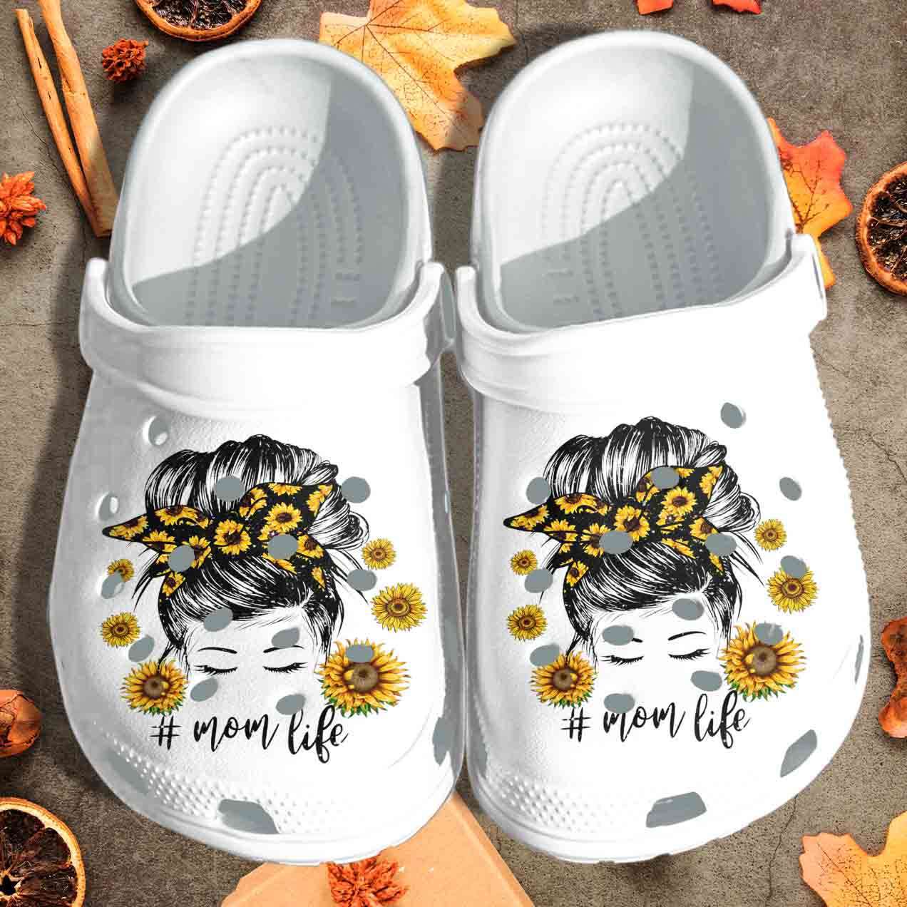 Crocs outfit - mom life sunflower woman messy bun mother’s day crocs crocband clog shoes - 1484 Crocs Outfit
