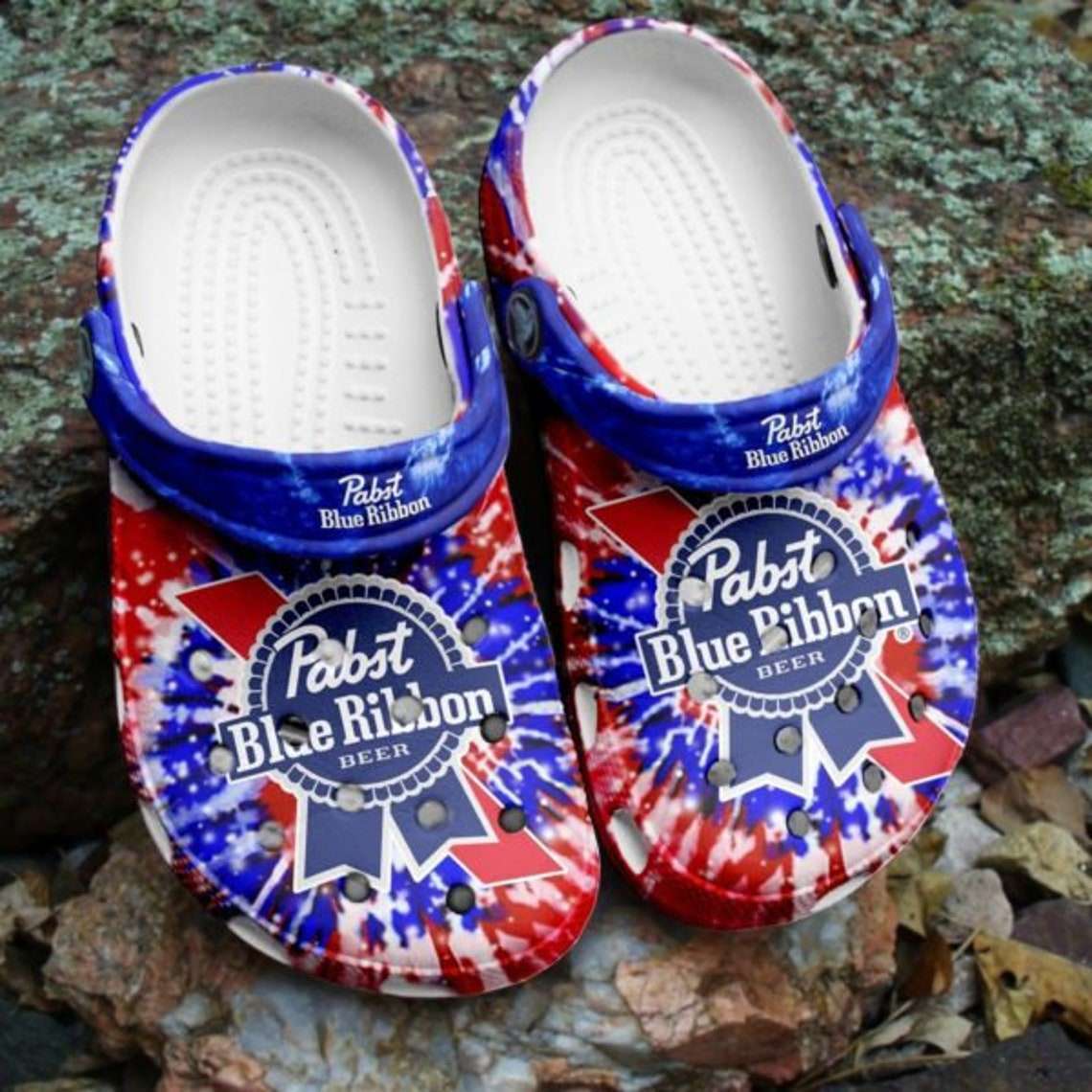 Crocs outfit - pabst blue ribbon beer tie dye crocs clogs crocband shoes - 1593 Crocs Outfit