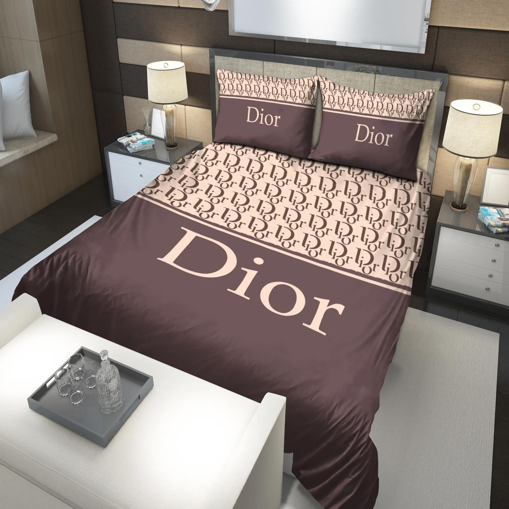 Dior brown fashion luxury brand premium bedding set bedroom decor , thanksgiving decorations for home 01 best luxury bed sets gift Bedding Sets