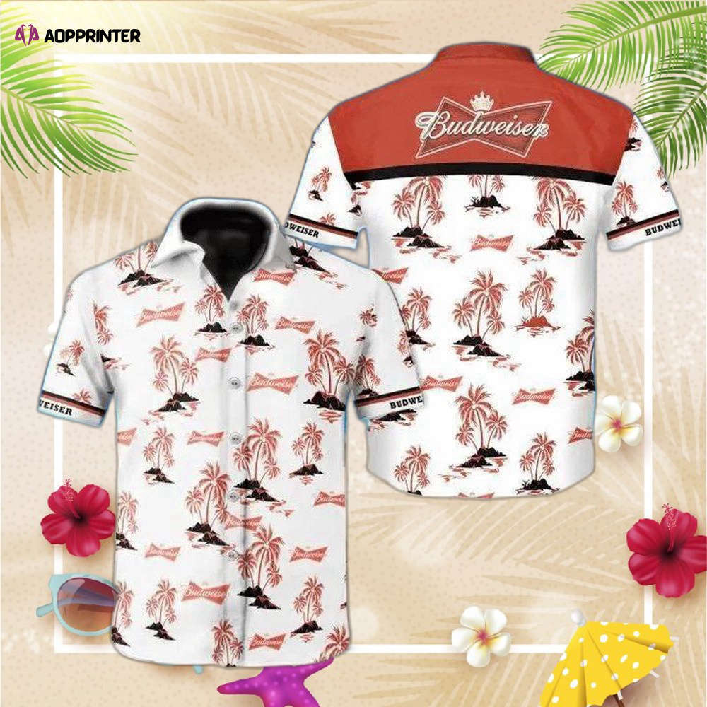[fashionable] beer hawaiian shirt for men women budweiser logo tropical palm trees pattern red white Hawaii Shirt