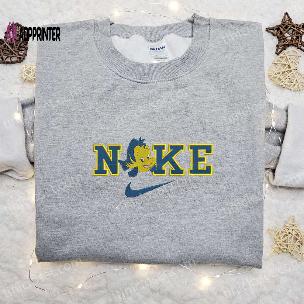 Flounder x nike cartoon embroidered hoodie little mermaid & nike inspired shirt Embroidered Shirt