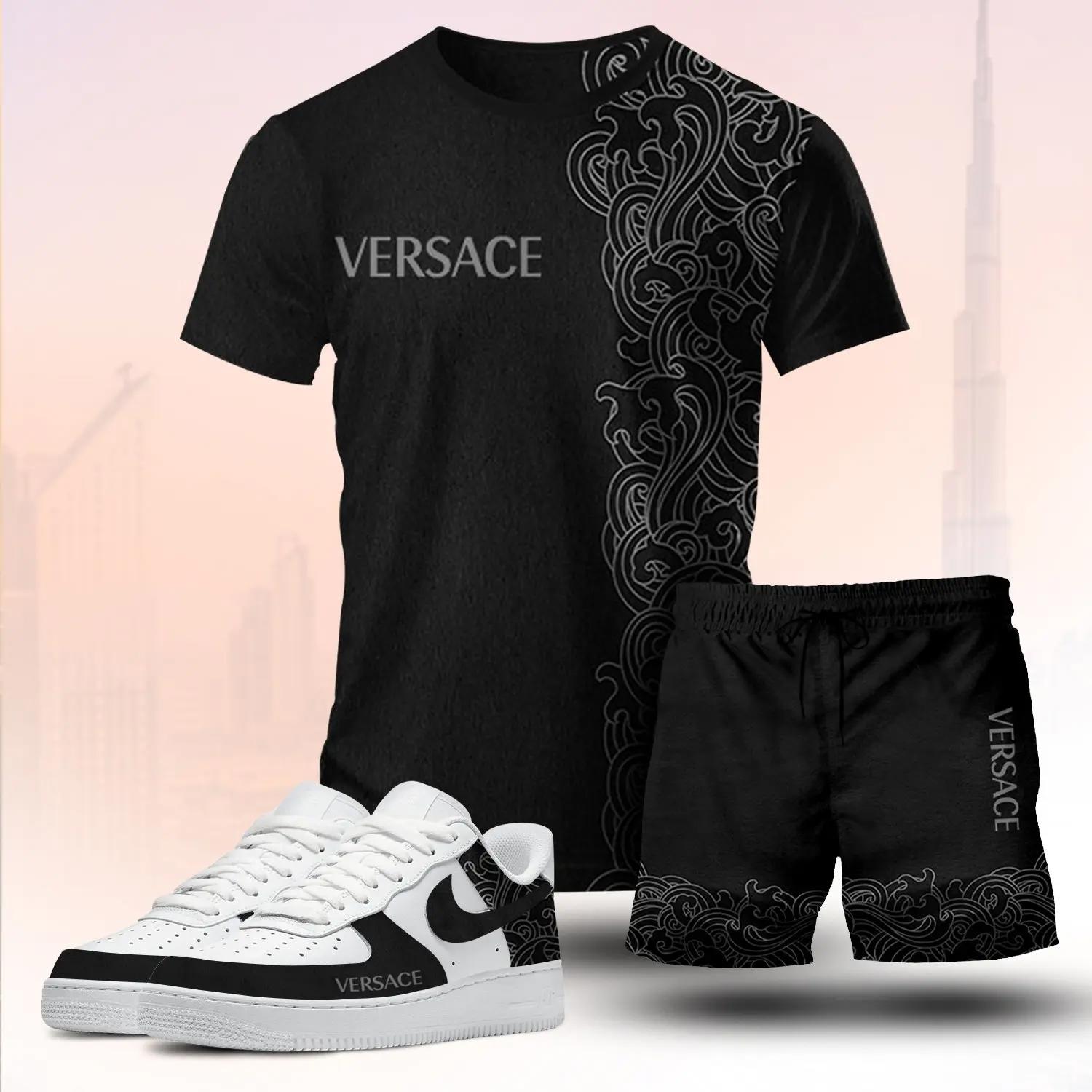 For the girls who love dark minimal streetwear, versace graphic tee set – black casual everyday outfit with luxury vibes T-Shirt Short Sneakers Set