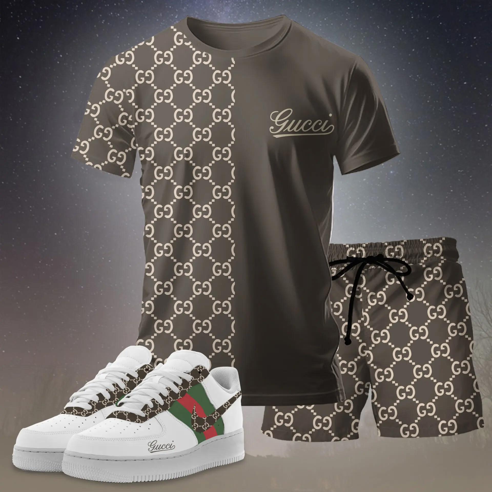 For the girls who love earthy neutral tones, minimal split monogram tee outfit t-shirt – brown and beige graphic print | casual everyday outfit aesthetic ideas T-Shirt Short Sneakers Set