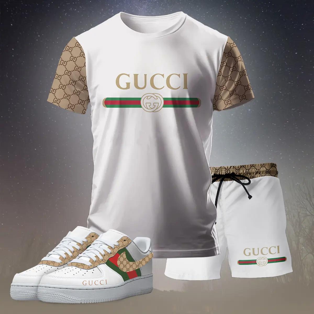 For the girls who love soft luxury style, gucci graphic tee set – white minimal casual everyday outfit ideas T-Shirt Short Sneakers Set